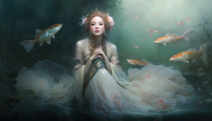 beautiful goddess in carp pond, Generative Ai - obrazy, fototapety, plakaty