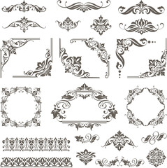 Vintage design lace borders monogram logo and corners, dividers Vector set art deco floral ornaments elements - obrazy, fototapety, plakaty