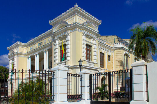 Traveling through Venezuela, facade of the Municipal Theater of Valencia. Architecture of the historic center of Carabobo