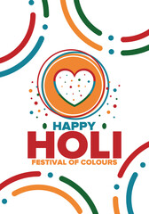 Naklejka premium Happy Holi. Festival of Colours. Phagwah. Annual Hindu Spring Festival. Celebrated in India and Nepal and other Asia. Beautiful poster design with heart. Vector illustration