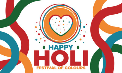 Happy Holi. Festival of Colours. Phagwah. Annual Hindu Spring Festival. Celebrated in India and Nepal and other Asia. Beautiful poster design with heart. Vector illustration