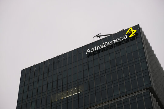 Shanghai,China-Feb.12th 2023: AstraZeneca company office building and brand logo.