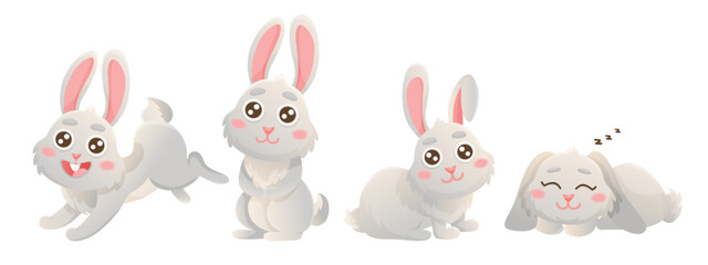 Cartoon set of cute bunnies. Banner with vector illustrations. Vector grey bunny is sitting, sleeping in cute poses