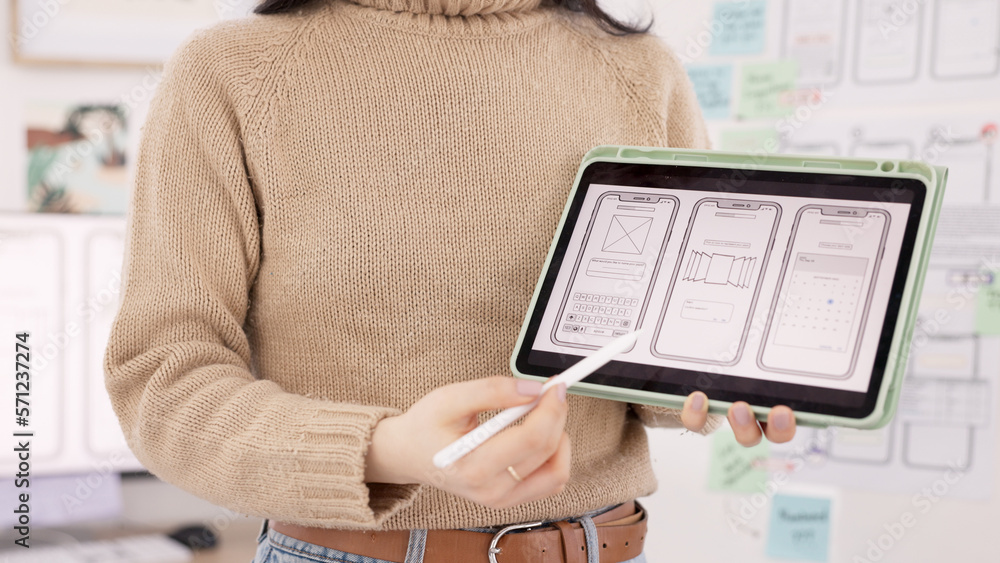 Aufkleber App, developer and woman with hands on tablet design screen for development of ui, ux and tech project. Designer, display and innovation employee in office with digital illustration presentation.