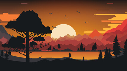 The natural landscape cartoon design with the sun and mountains. Vector illustration.