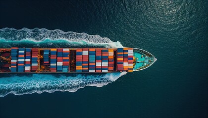 Aerial view from drone, Container ship or cargo shipping business logistic import and export freight transportation by container ship in the open sea, freight ship boat. Generative AI - obrazy, fototapety, plakaty