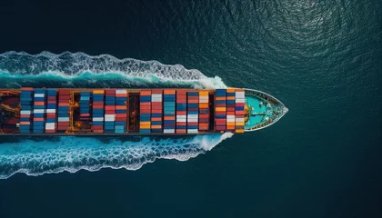 Foto op Plexiglas Aerial view from drone, Container ship or cargo shipping business logistic import and export freight transportation by container ship in the open sea, freight ship boat. Generative AI © GustavsMD