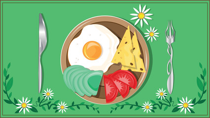 A delicious breakfast with fried eggs, fresh tomatoes, sliced avocado, hard cheese. Bon appetit.