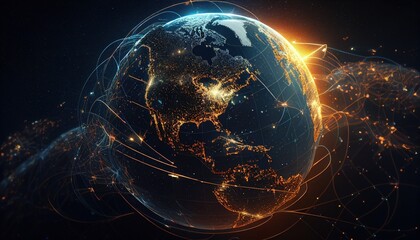 Global communication network around planet Earth in space, worldwide exchange. Generative AI