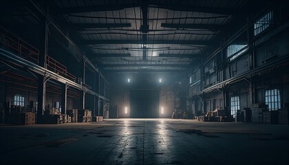 Obraz premium Concrete floor inside old industrial building. Use as large factory, warehouse, storehouse, hangar, plant. Old interior with empty space for background. Generative AI