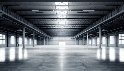Concrete floor inside industrial building. Large factory, warehouse, storehouse, hangar, plant. Modern interior with metal wall and steel structure with empty space for background. Generative AI
