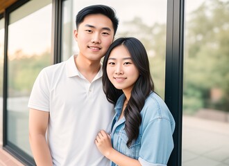 Asian couple smiling and romantic outdoor scene, Generative AI