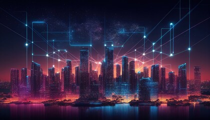 smart city at night, application development concept, smart city, Internet of things, smart life, information technology, metaverse connection technology. Generative AI