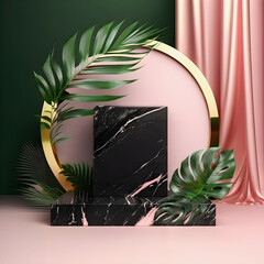 A luxurious mate white marble pink podium stage display mockup perfect for product presentation. Featuring a green tropical palm leaves illustration, it adds a touch of exotic glamour generative AI