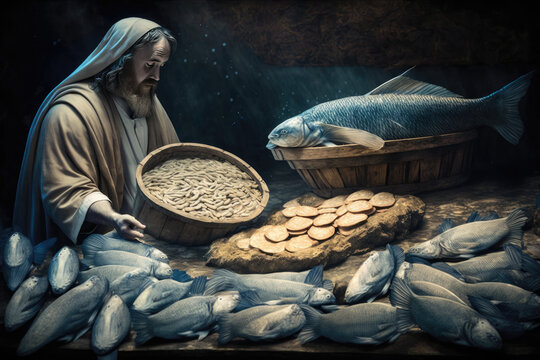 Jesus multiplying loaves and fish, generative Ai picture