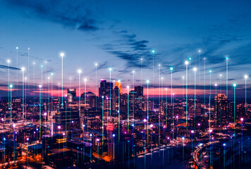 Telecommunication and communication network concept. Big data connection technology. Smart city and digital transformation.	 - obrazy, fototapety, plakaty