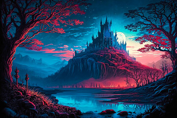 Fototapeta na wymiar Fantasy castle, red and blue, night, medieval, landscape. Generative AI