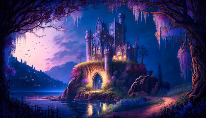 Fototapeta na wymiar Fantasy castle, medieval, landscape. Generative AI