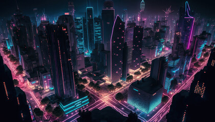 Obraz premium Aerial view on night neon cyberpunk modern city. Long exposure light trails. AI generative image.