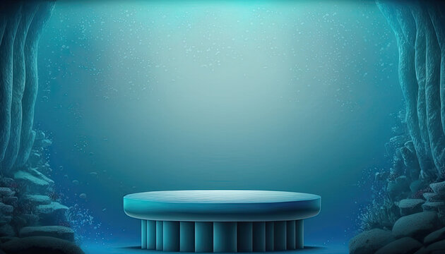 Abstract minimal podium product display, underwater scene. AI generative image.