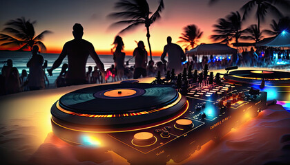 Outdoor night beach music party. Professional sound system dj console on foreground and blurred crowd of happy dancing people on background. AI generative image. - obrazy, fototapety, plakaty