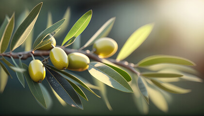 Obraz na płótnie Canvas Beautiful closeup olive tree branch with ripe olives. Outdoor sunny background. AI generative image.