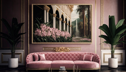 Beautiful bright luxury interior with pink sofa. Indoor background. AI generative image.