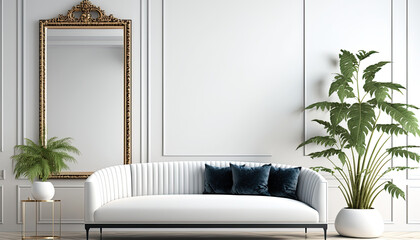 Beautiful bright luxury interior with sofa. Indoor background. AI generative image.