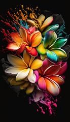 Obraz na płótnie Canvas Beautiful abstract plumeria flowers with bright colored powder explosion. Floral mobile vertical splash screen template. AI generative image.