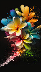 Beautiful abstract plumeria flowers with bright colored powder explosion. Floral mobile vertical splash screen template. AI generative image.