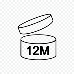12m PAO icon. 12 months period after opening sign. Thin line jar with open lid and numbers. Product freshness time. Cosmetic, shampoo, makeup validity label