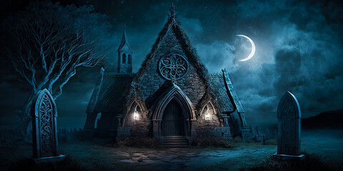 Ireland landscape, night, church, graveyard, wide, panorama. Generative AI