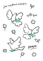 平和の象徴、手描きの鳩の線画、シンプルなラインアート