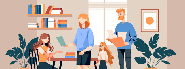 parents help children with lessons happy family doing homework teaching at home education concept
