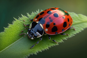 Naklejka premium Ladybug ladybird on green leaf, nature background, close up. Generative AI