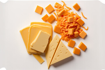 Slices and pieces of cheddar cheese, top view, isolated on a white background. Generative AI