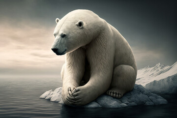 Plakat Polar bear in north pole on melting ice caps. Climate change, global warming concept. Generative AI.