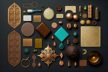 Knolling Ied Mubarak Gold, Brown, and Blue Ornaments for theme, desktop, greeting card, background, backdrop, invitation, gift card