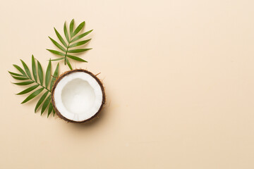Coconut with leaves on color background, top view