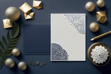 Frame, greeting card, invitation, memo, note, gift card, letter paper, for Mubarak, wedding, birthday, reunion, in combination of navy blue and silver ornaments in, copy space text