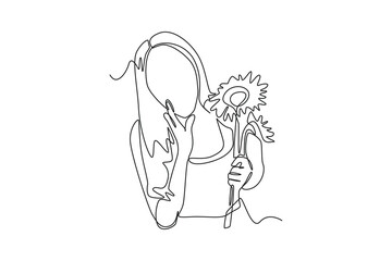 Continuous one line drawing happy beauty woman hold sunflower. Spring concept. Single line draw design vector graphic illustration.