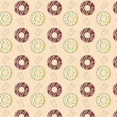 Delicious pattern of donuts with chocolate and vanilla glaze and  with a cup of coffee. Dessert vector illustration design. Background