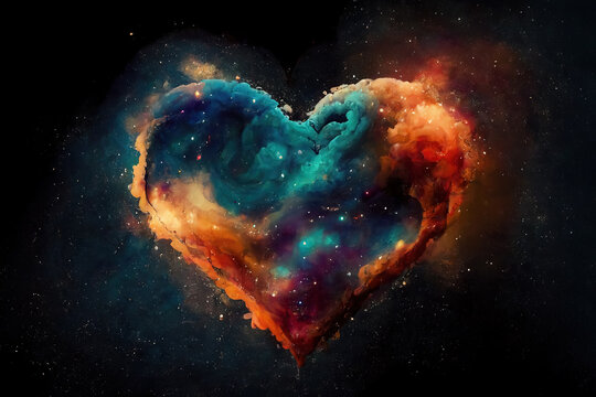 Abstract watercolor heart shaped galaxy. Fantasy view generative AI background