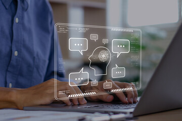 ChatGPT Chat with AI or Artificial Intelligence.ChatGPT Chat with AI or Artificial Intelligence.Young businessman chatting with a smart AI.Chat bot concept