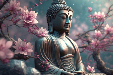 Buddha statue with cherry blossom. Mediation and zen concept, generative ai  - obrazy, fototapety, plakaty