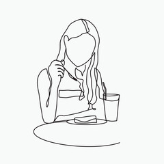 one line art character woman holding coffee drink during working time rest
  hand-drawn illustration vector