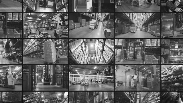 Warehouse at the factory multiscreen video. Modern warehouse in a factory. Videos opener production. Modern warehouse collage. Multiscreen video work in a large warehouse. industry opener