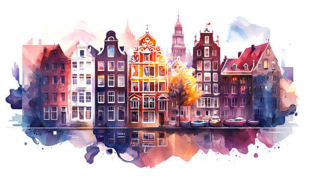 Watercolor painted traditional old buildings in Amsterdam. Amsterdam old houses for travel poster, city symbols for postcards, card boards illustration. Generative ai