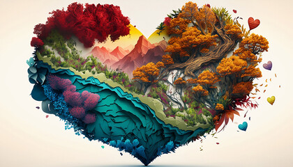 A colorful love heart full of nature surrounds to create a new nature environment. Love the environment. Generative AI.