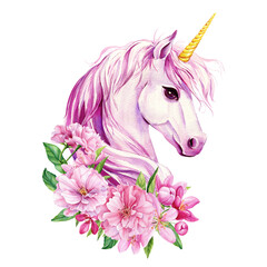 Obraz na płótnie Canvas Cute magic unicorn. Unicorn with flowers, watercolor animal, floral boho illustration, pink flora